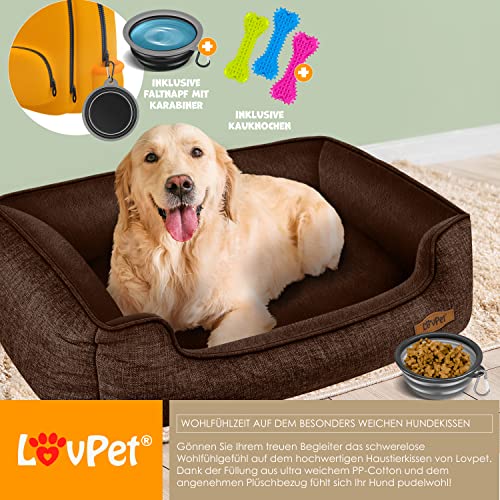 Lovpet® Hundebett Hundekissen Hundekorb Chiller, Inkl. Napf + 3X Kauknochen, Hundesofa Kissen für Kleine, Mittelgroße & Große Hunde, Bezug abnehmbar und waschbar, L 90 x 75 x 25 cm Braun