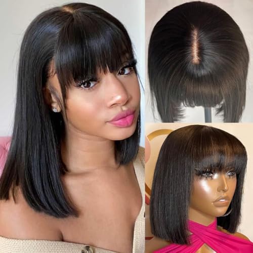 pelucas mujer pelo natural humano, pelucas Bob cortas y rectas con flequillo, glueless wig human hair brazilian virgin hair, wigs frontales de encaje 2X1 de 10 pulgadas
