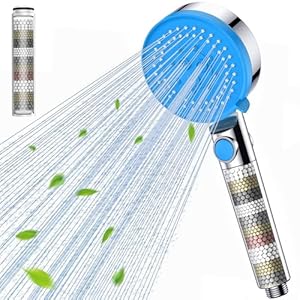 Gritin Shower Head, High Pressure Shower Heads Upgraded Filter for Hard Water – 5 Spray Modes Powerful Handheld Showerhead with Pause Switch,Water Saving Bathing for Residual Chlorine Remove-Dark Blue