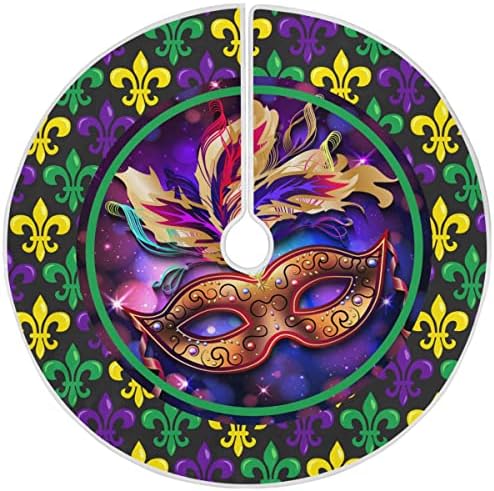 Mardi Gras Fleur de Lis Christmas Tree Skirt Decorations Masquerade Party Mask Beads Confetti Feather Xmas Tree Mat 36 inch for Holiday Party Supplies Rustic Ornaments Mini Tree Skirt