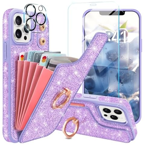 Casewind for iPhone 12 Pro Max Case Wallet with [Glass Screen Protector+ Camera Lens Protector] [5 Card Holder & 360°Ring Stand] Cute Bling Flip PU Leather Card Slots Phone Case for Women Girls,Purple Cover