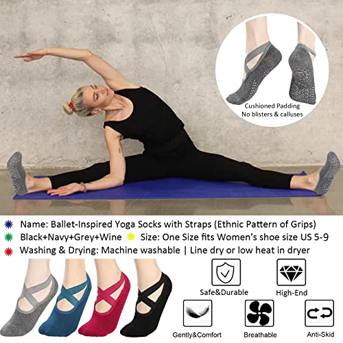 Henykany Yoga Socks For Women - 4 Pairs Pilates Socks Non-Slip Grip Socks With Strap For Ballet, Barre, Home & Hospital Us 5-9 #TOP3