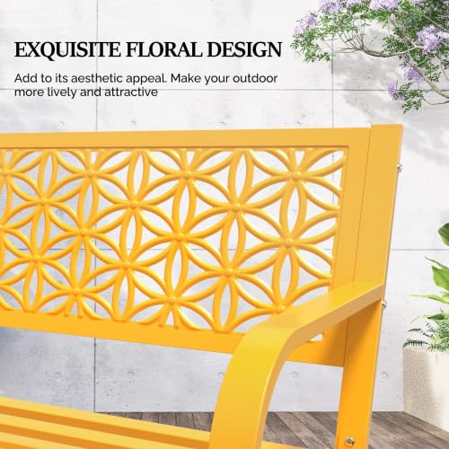 Bonnlo Banc de Jardin en Métal 127 cm, Design Floral, Banc Extérieur 2-3 Places, Résistant aux Intempéries, Charge 250 kg - Jaune