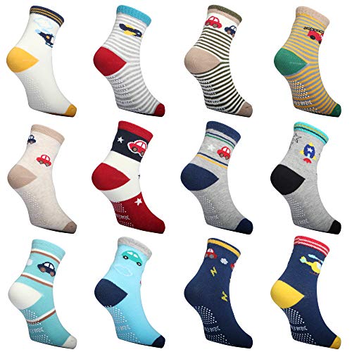 Baby Socks 6-12 Months Baby Boys Socks with Grips 12 Pairs Cotton Non Slip Crew Socks, 0-3-6-12 Months Newborn Infant Baby Boys Gift ( Multi-Colors)