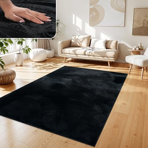 Paco Home Teppich Wohnzimmer Kunstfell weich waschbar modern elegant pflegeleicht Felloptik Uni Seidenglanz flauschig Hochflor, Grösse:300x400 cm, Farbe:Schwarz