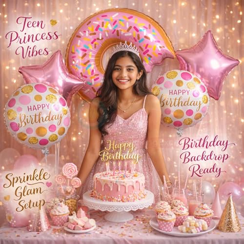 Image of Propsicle Donut Theme Birthday Balloons for Girls, Pack of 5 - Pink Princess Sprinkle Party Decoration, Photo Backdrop Decor for Kids & Adults