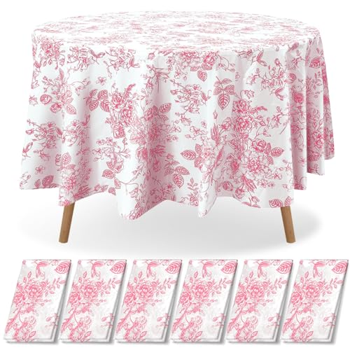 Image of Ganeen 6 Pcs Pink Floral Plastic Tablecloth 84 Inch Round Vintage Floral Tablecloth Disposable Round Flower Waterproof Table Covers for Birthday Wedding Baby Shower Picnic Dinner Party Decoration
