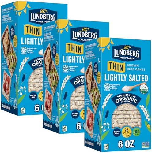 Lundberg Thin Brown Rice Cakes, Lightly Salted, 3-Pack โ Regenerative Organic Certified, Healthy Snacks, Vegan, 6 Oz Ea