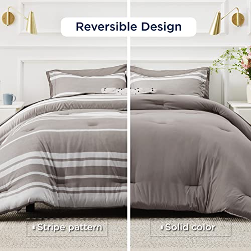 Image of Bedsure California King Comforter Set 7 Pieces, Taupe Striped Bedding Set for All Seasons, Reversible, Cationic Dyeing Bed in a Bag with Comforter, Sheets, Pillowcases & Shams