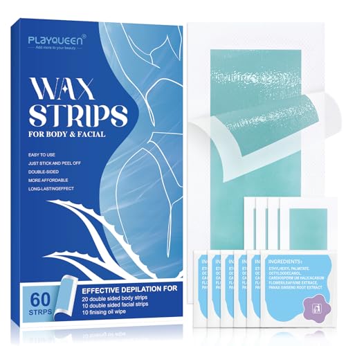 Wax Strips - 60 Count,10 Calming Oil Wipes Hypoallergenic For Hair Removal, For Women and Men, Face Waxing Kit For Women, Body Wax Strips - Brazilian Waxing, Suitable For All Skin Types.