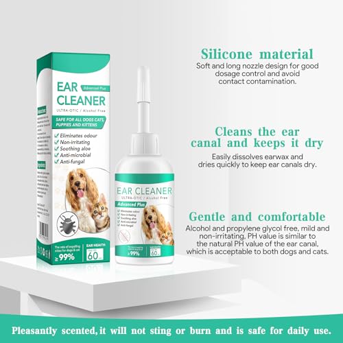 PEGRAUFC Ohrenreiniger Hund, 60ml Ohrentropfen Ohrentropfen Milben, Hund Ohrentropfen stoppen Ohren Entzündungen und Juckreizskin Tag Removal Ohrreiniger für Hunde, Katzen und Alle Anderen Tiere