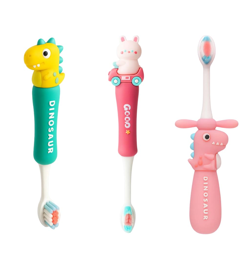 Nestlooms Kids Toothbrush Cartoon Design, Ultra Soft Manual Toothbrush for Toddlers and Children 3-12 Years, Extra Microfiber Bristles for Gentle Cleaning, Boys and Girls Toothbrush with Non-Slip Comfortable Handle (Combo of 3 (Vroom Bunny ,Pink Twisty Dino,Crazy Dino))-picture-16