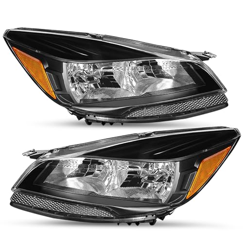 SOCKIR Headlight Assembly Compatible with 2013-2016 Ford Escape Replacement Halogen Headlamp Driver & Passenger Side (Black Housing with Amber Reflector) Not for Titanium Model