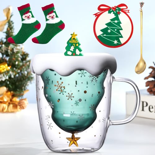 Purpledi Christmas Coffee Glass Taza de Navidad de Vidrio, Taza de Café de Navidad, Tazas Expreso de Vidrio, Tazas Lindo de Navidad Taza para Mujeres, Hombres, Niño, Oficina