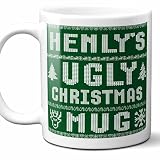 Henly Name Christmas Gift. Personalized Ugly Christmas Sweater Coffee Mug. Funny Custom Xmas Gift, Stocking Stuffer For Friends, Coworkers And Person Who Has Everything. 11 Ounces.