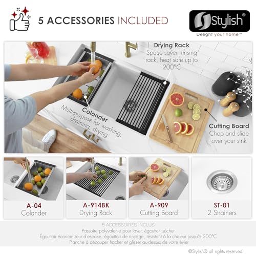 Image of Stylish 30 x 18 Inch Composite Granite Workstation Kitchen Sink, 60 /40 Double Bowl Under Mount & Drop in, 9.5 in Deep, Reversible, with Cutting Board, Colander, Colander & Strainer, White, S-831WH
