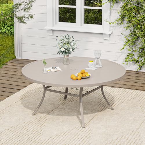 Image of VICLLAX 60 inch Round Patio Table, Outdoor Dining Table for 8-10 with Umbrella Hole for Garden Lawn Deck Backyard, Sandshell