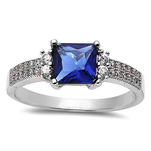 Oxford Diamond Co Princess Cut Simulated Blue Sapphire & Cubic Zirconia .925 Sterling Silver Ring Size 8