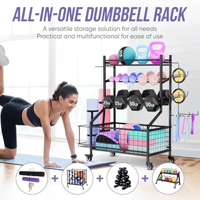 WUC Adjustable Dumbbell Rack, Weight Rack for Home Gym Storage, All-in-One Workout Equipment Storage with Wheels and Hooks for Dumbbells, Kettlebells, Yoga Mats & Balls, Durable Powder Coated Steel