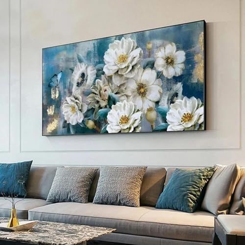 Toile fleur blanc bleu KEBIA tableau poétique pour douceur maison 40x80
