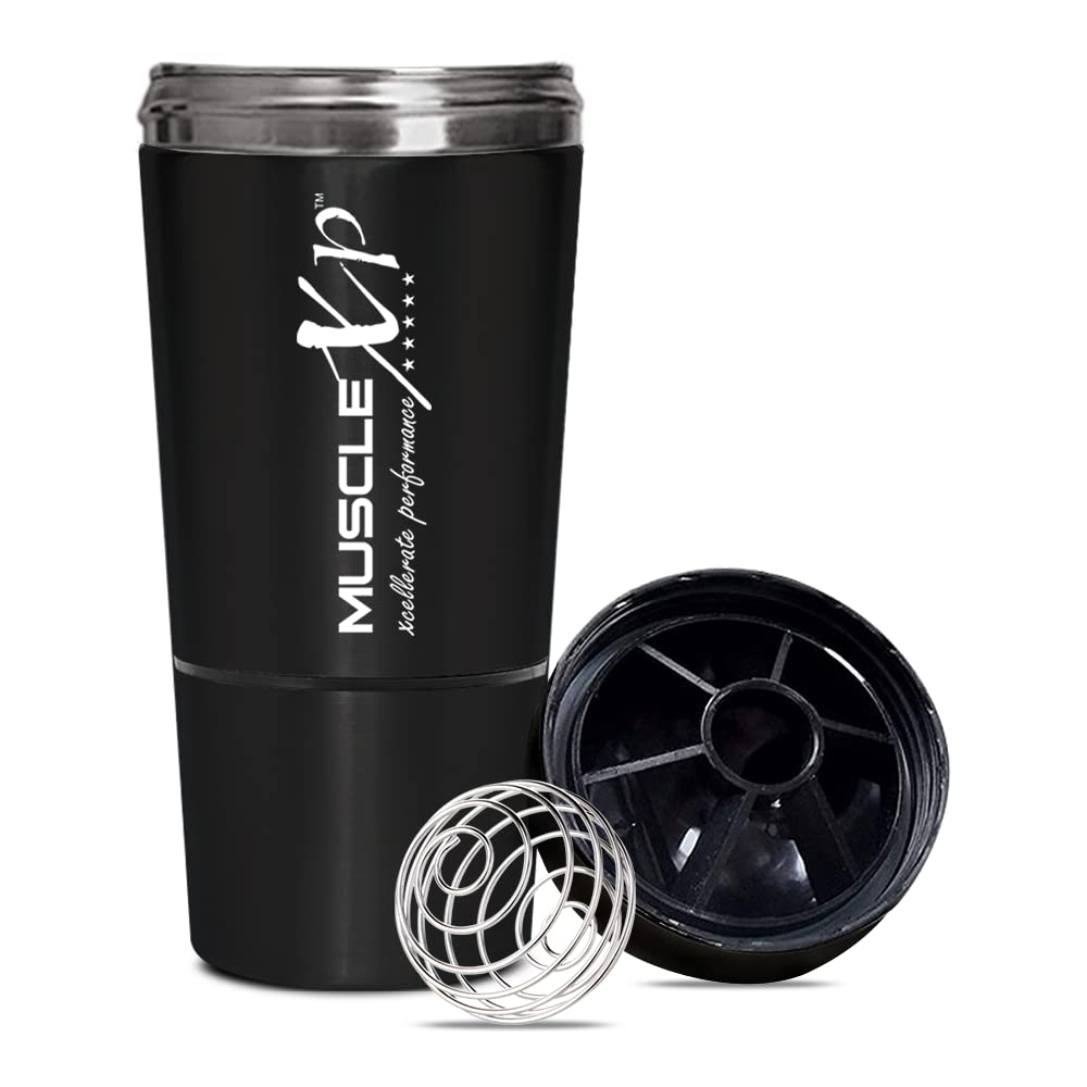 MuscleXP Gym Shaker Classic XP Mixer Mélangeur en acier inoxydable avec rangement, 100 % étanche, 591 ml + 200 ml pour protéines, pré-entraînement et BCAA, matériau sans BPA + boule à ressort (noir)