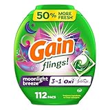 Gain Flings Laundry Detergent Pacs, 112 Count, Moonlight Breeze Scent, 3 in 1 HE Detergent Pacs with Oxi Boost and Febreeze