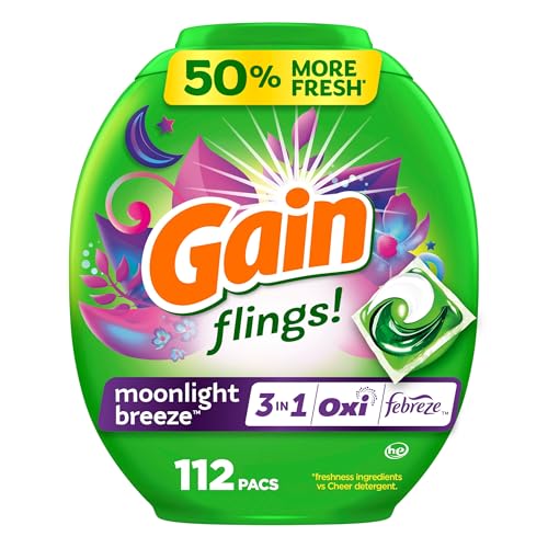 Gain Flings Laundry Detergent Pacs, 112 Count, Moonlight Breeze Scent, 3 in 1 HE Detergent Pacs with Oxi Boost and Febreeze