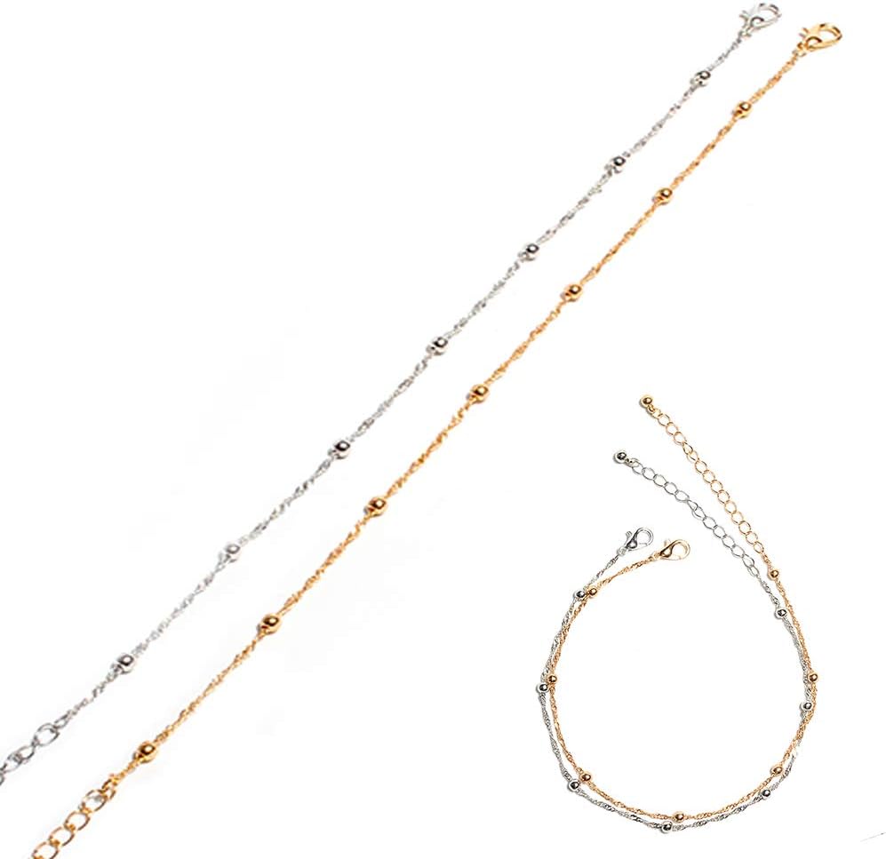 2 Pack Women Bracelet Anklets - Gold Silver Anklets Charm Boho Initial Anklet Foot Jewelry Gift (Gold Silver)
