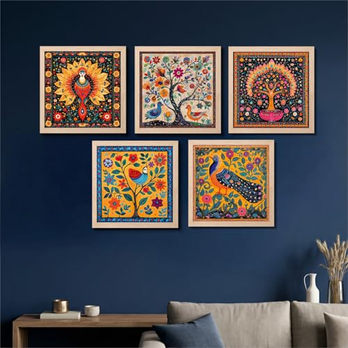 Image of NoWorries Colorful Folk Art Wall Decor Frames Set of 5 | Peacock Bird and Floral Tree Framed Paintings | Traditional Indian Style Artwork | Boho Ethnic Wall Art Prints with Frame for Living Room, Bedroom, Office and Home Decoration