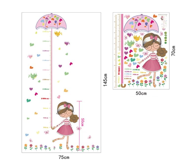 Image of Kids Height Chart Wall Sticker | Adorable Girls Growth Chart for Nursery Bedroom Playroom Classroom | Height Measuring Scale | Easy Peel & Stick | Full Set: 70x50 cm Total Coverage: 145x75 cm