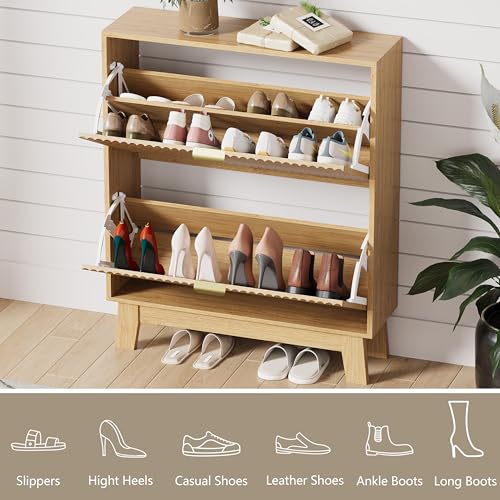 Image of HUANLEGO Shoe Cabinet Storage for Entryway with 2 Flip Drawers, Fluted Narrow Shoe Organizer with Wooden Legs, Freestanding Slim Shoe Storage Hidden Shoe Rack Organizer for Front Door Entrance, Oak