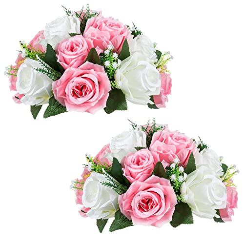 NUPTIO Pcs of 2 Fake Flower Ball Arrangement Bouquet,15 Heads Plastic Roses with Base