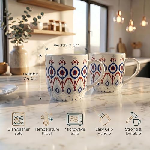 Image of UPC Coffee Mug Set of 6 | White Ikat Boho Print | Blue & Red Ethnic Medallion Pattern | Bone China Tea & Coffee Cups | Microwave Safe | Home & Kitchen