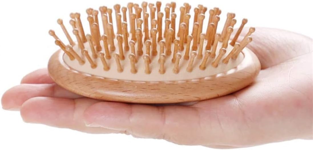 Natural Bamboo Hair Brush, Massaging Scalp, Detangling Hairbrush for Women Men Kids, Eco-friendly Natural Wooden for All Hair Types, No Handle Design, Round Wood Pins Anti-Static