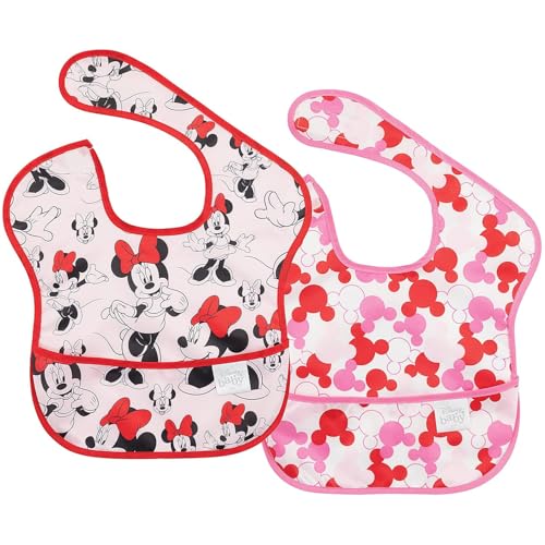 Image of Bumkins Disney Bibs for Girl or Boy, SuperBib Baby and Toddler for 6-24 Months, Essential Must Have for Eating, Feeding, Baby Led Weaning, Mess Saving Waterproof Soft Fabric, 2-pk Minnie Mouse Classic