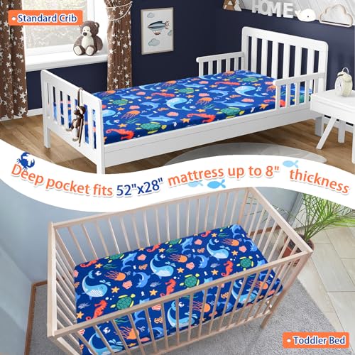 Image of JISEN Baby Crib Sheets Soft Breathable Fitted Crib Sheets Baby Sheet for Standard Crib and Toddler Mattress Bed Sheets for Crib for Boys Girls Neutral 52x28 Inch Whales