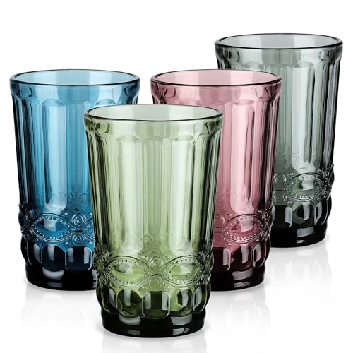 Joeyan 410ml Vasos de Cristal agua Colores,Juego de 4 Vasos Altos de Vidrio con Relieve,Decoración Cristalería para Refrescos,Café,Té,Cerveza,Leche,Cócteles,Apto Lavavajillas (Verde,Morado,Azul,Gris)
