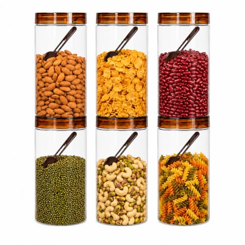 Image of Homeor Plastic Storage Jar & Containers With Spoon, Airtight & BPA Free Containers for Kitchen Storage, Grocery Kitchen Container, Multipurpose Jar, Fridge Storage Container, 2000 ML Set 6, Brown
