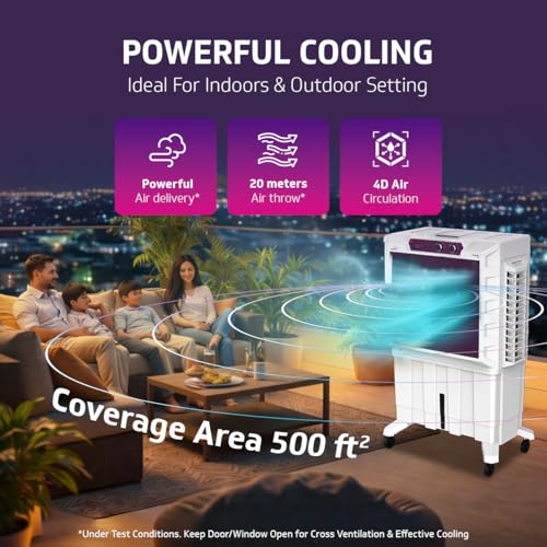 Image of V-Guard Zivardo 100 Air Cooler for Home | 100 Litre | Two Years Manufacturer's Warranty on Motor & Pump | White & Purple Burry