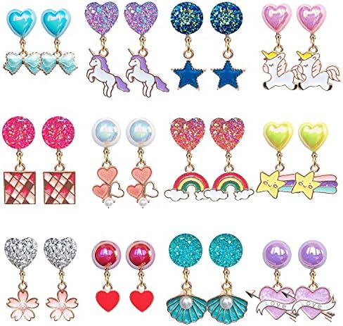 EleMirsa 12 Pairs Clip On Earrings Girl Party Favor Princess Clip on Earrings Pretend Play Unicorn Earrings for Little Girl Kids Toddlers Jewelry Set