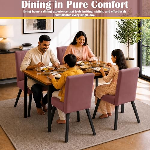 Image of Rosebell Set of 4 Dining Table Chairs with Wooden Top Table, Upholstered Cushioned Chairs, Modern Compact Dining Set for Home, Kitchen & Dining Room (Rose Pink)