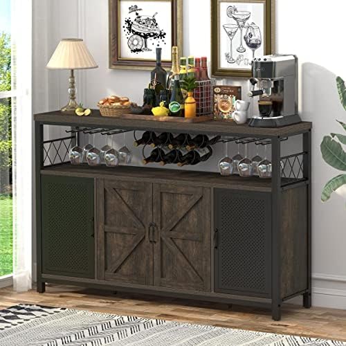 Aubtik Industrial Wine Bar Cabinet for Liquor and Glasses, Rustic Sideboard and Buffet with Storage for Home, Farmhouse Coffee Bar Cabinet with Removable Wine Rack and Stemware Racks (Walnut Brown)