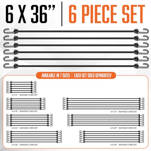 Image of Bungee Cords with Hooks 36 Inch - 6Pcs Heavy Duty Outdoor 3ft Bungees | UV & Weather Resistant Strong Bungie Chords - Black Bunjee Straps 3 Foot - Bungy Cord Set 200lb Strength