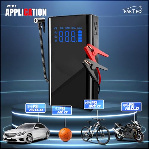 Image of FABTEC 4-in-1 Car Tyre Inflator with Jump Starter - 150 PSI Portable Air Compressor with Digital Display, 15000mAh Battery, Power Bank, SOS LED Light, Tyre Pump for Car, Bike, Bicycle & Balls