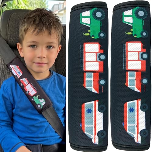 HECKBO 2x Kinder Auto Gurtpolster Gurtschutz mit Feuerwehr Traktor Krankenwagen Motiv - Sicherheitsgurt Polster für Kinder und Babys- Ideal für jeden Gurt Autositzerhöhungen Kinder Fahrradanhänger