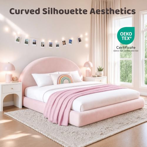 Image of RECCI AirFrame Half-Moon Upholstered Queen Platform Bed Frame | Velvet Curved Arched Base, 6-Inch Thickness Headboard, 5 Inch Fully Round Cushioned Foam, No Box Spring Needed, Easy Assembly