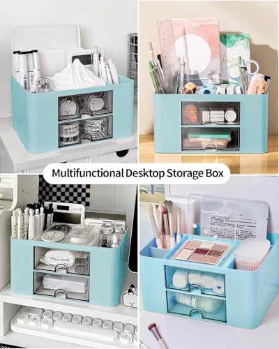 Image of Office Desk Organizer with 2 Drawers Multi-Functional Desktop Pen Pencil Case Storage Box,Desktop Organizer for Office Home Supplies Blue LCC570-01