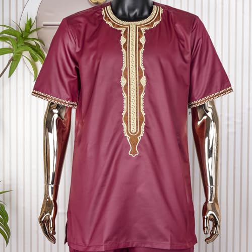 HD Men's African Clothes Embroidery Tunic Shirt and Pant Suit Two Pieces Dashiki Outfit Short Sleeves2