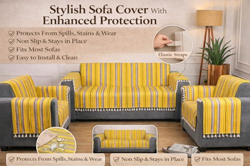 Image of Gifts Island Woven Acrylic Cotton Sofa Cover Mat, Yellow Striped with Decorative Tassels, Non-Slip Design with Elastic Straps, 3 Seater and 1 Seater Mats with 6 Armrest Covers (Yellow, 3+1+1 Seater)