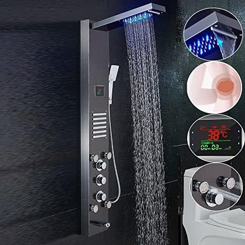 Sistema de Torre de Panel de Ducha de Acero Inoxidable, Cabezal de Ducha con Lluvia LED y Función de Cascada, Conjunto de Grifería de 5 Funciones con Masaje de Lluvia y Jets Corporales - Negro A, Níquel Cepillado B miniatura 2